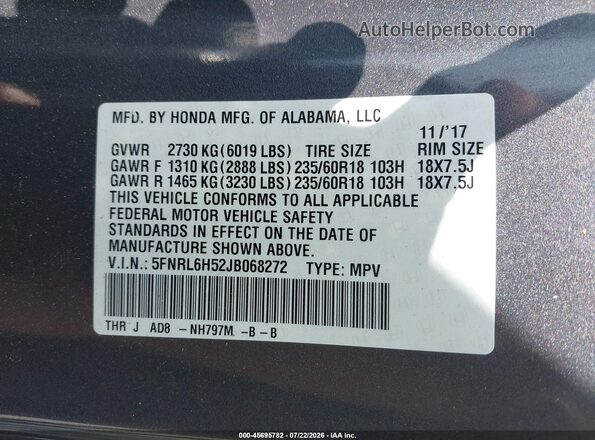 5FNRL6H52JB068272 2018 HONDA ODYSSEY Серый Вид подкапотного пространства