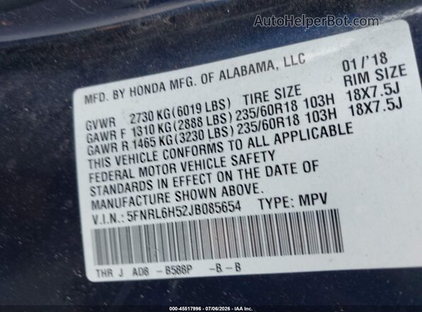 5FNRL6H52JB085654 2018 HONDA ODYSSEY Blue Вид підкапотного простору