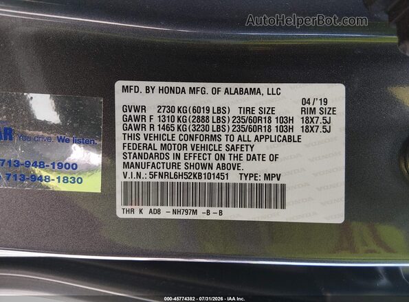 5FNRL6H52KB101451 2019 HONDA ODYSSEY Gray Widok komory silnika