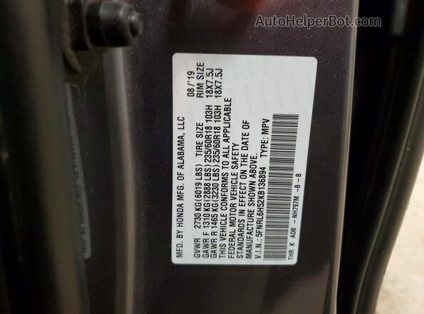 5FNRL6H52KB136894 2019 HONDA ODYSSEY Gray Widok wnętrza 360 stopni