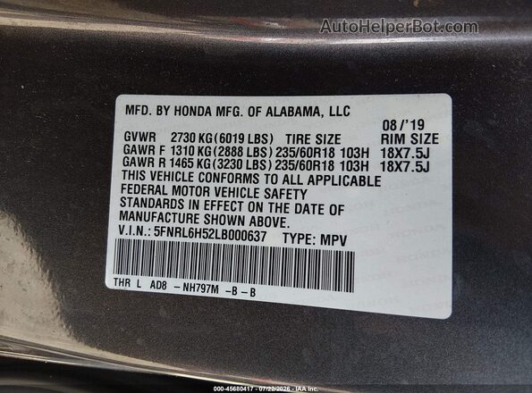 5FNRL6H52LB000637 2020 HONDA ODYSSEY Gray Engine compartment view