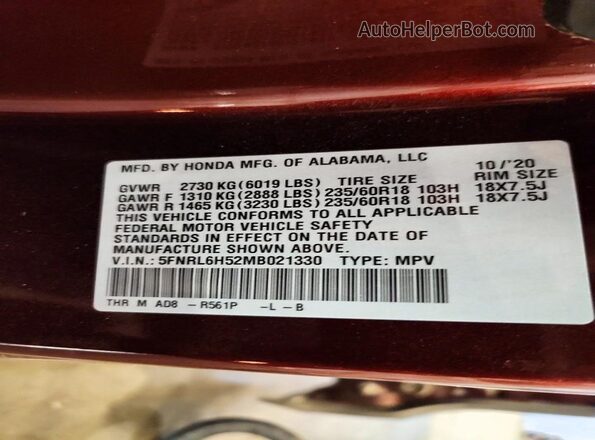 5FNRL6H52MB021330 2021 HONDA ODYSSEY Maroon VIN sticker view