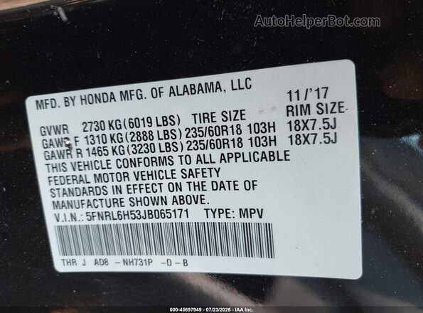 5FNRL6H53JB065171 2018 HONDA ODYSSEY Черный Вид подкапотного пространства