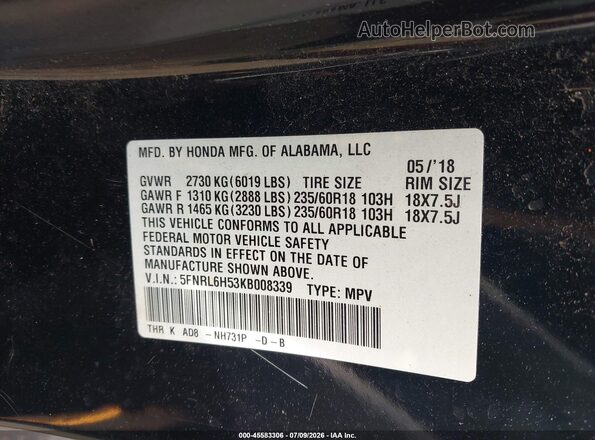 5FNRL6H53KB008339 2019 HONDA ODYSSEY Black Շարժիչի բաժամունքի տեսք