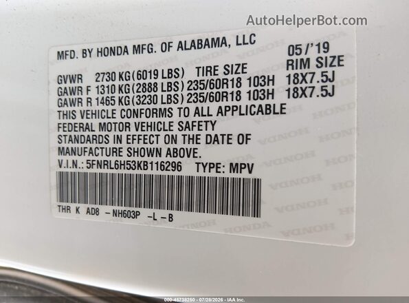 5FNRL6H53KB116296 2019 HONDA ODYSSEY White Շարժիչի բաժամունքի տեսք
