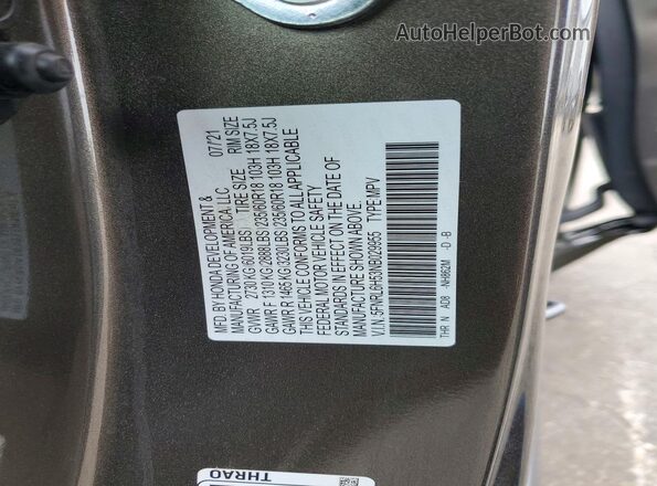 5FNRL6H53NB029955 2022 HONDA ODYSSEY Gray Vista de la etiqueta del VIN