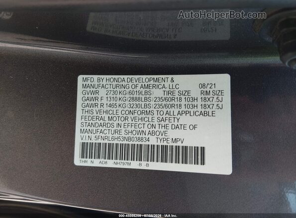 5FNRL6H53NB038834 2022 HONDA ODYSSEY Gray Widok komory silnika