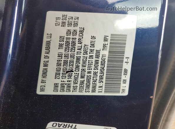 5FNRL6H54LB034711 2020 HONDA ODYSSEY Blue Вид наклейки з VIN-кодом