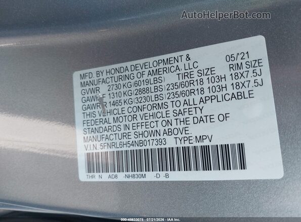 5FNRL6H54NB017393 2022 HONDA ODYSSEY Silver Widok komory silnika