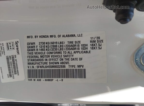 5FNRL6H55MB032886 2021 HONDA ODYSSEY White Vista del compartimento del motor