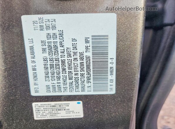 5FNRL6H55MB035397 2021 HONDA ODYSSEY Charcoal Սալոնի 360 աստիճան տեսք