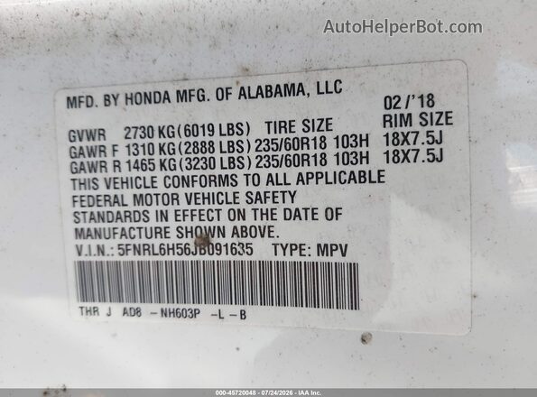 5FNRL6H56JB091635 2018 HONDA ODYSSEY  Vista del compartimento del motor