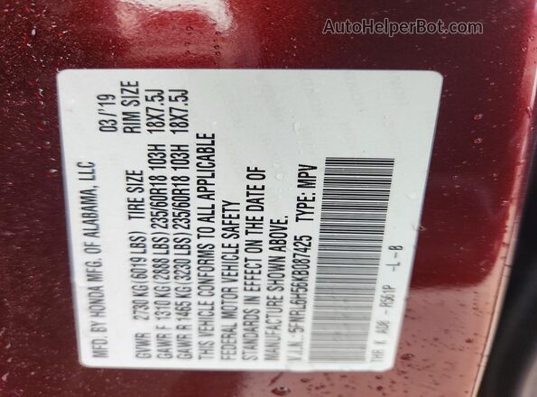 5FNRL6H56KB087425 2019 HONDA ODYSSEY Burgundy VIN კოდის სტიკერის ხედი