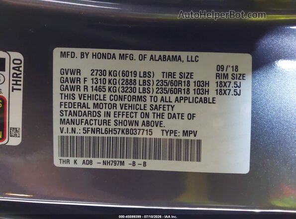 5FNRL6H57KB037715 2019 HONDA ODYSSEY Gray Widok komory silnika