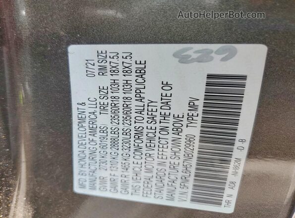 5FNRL6H57NB029960 2022 HONDA ODYSSEY Gray Вид наклейки з VIN-кодом