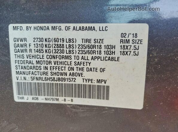 5FNRL6H58JB091572 2018 HONDA ODYSSEY Gray VIN sticker view