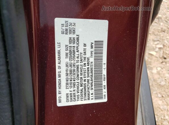 5FNRL6H58JB097274 2018 HONDA ODYSSEY Burgundy Вид наклейки з VIN-кодом