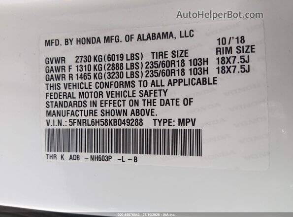 5FNRL6H58KB049288 2019 HONDA ODYSSEY White Engine compartment view