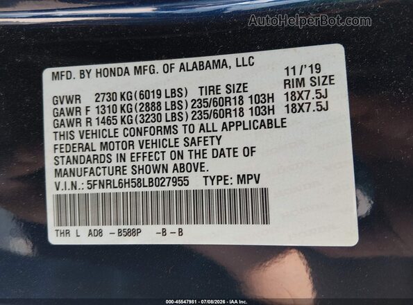 5FNRL6H58LB027955 2020 HONDA ODYSSEY Dark Blue Vista del compartimento del motor