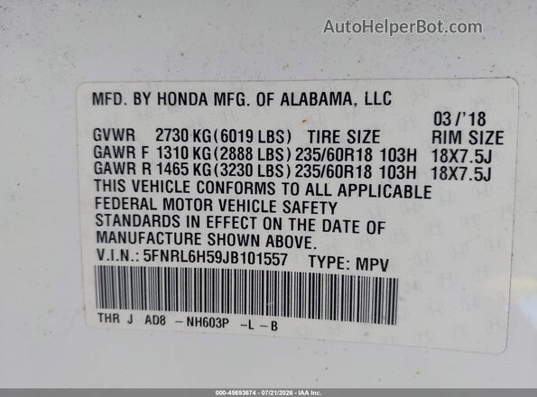 5FNRL6H59JB101557 2018 HONDA ODYSSEY Белый Вид подкапотного пространства