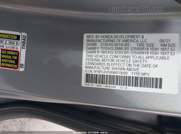 5FNRL6H59NB019690 2022 HONDA ODYSSEY Silver Vista del compartimento del motor