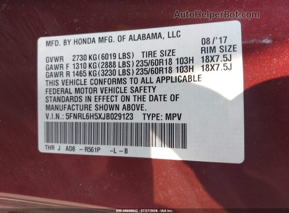 5FNRL6H5XJB029123 2018 HONDA ODYSSEY Purple Engine compartment view