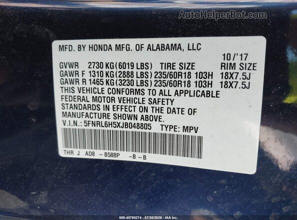 5FNRL6H5XJB048805 2018 HONDA ODYSSEY Blue ძრავის განყოფილების ხედი