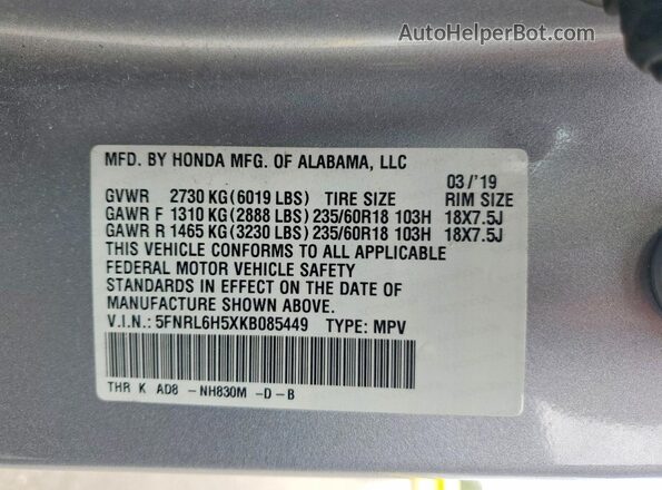 5FNRL6H5XKB085449 2019 HONDA ODYSSEY Silver VIN sticker view