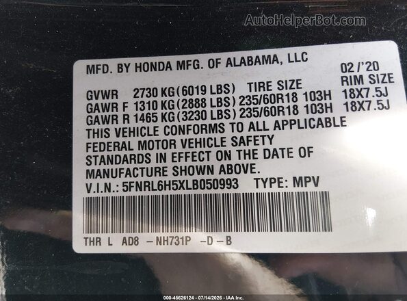 5FNRL6H5XLB050993 2020 HONDA ODYSSEY Black Widok komory silnika