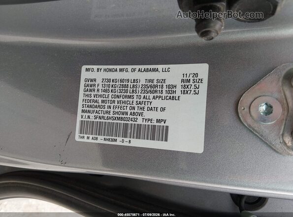 5FNRL6H5XMB032432 2021 HONDA ODYSSEY Серебряный Вид подкапотного пространства