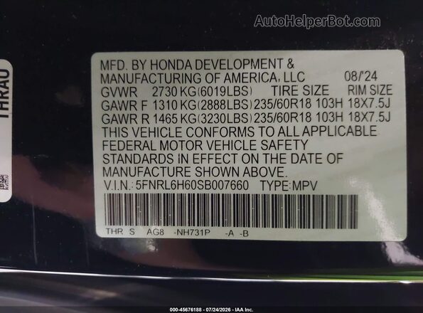 5FNRL6H60SB007660 2025 HONDA ODYSSEY Black Vista del compartimento del motor