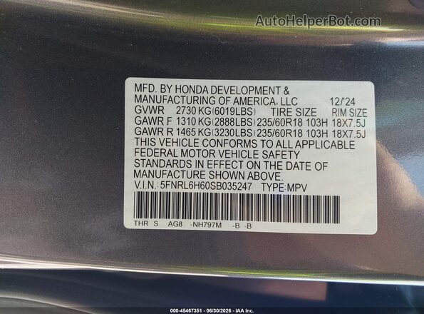 5FNRL6H60SB035247 2025 HONDA ODYSSEY Gray Engine compartment view