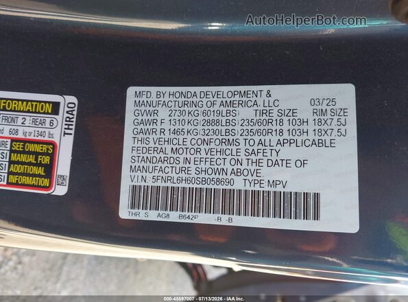 5FNRL6H60SB058690 2025 HONDA ODYSSEY Blue Շարժիչի բաժամունքի տեսք