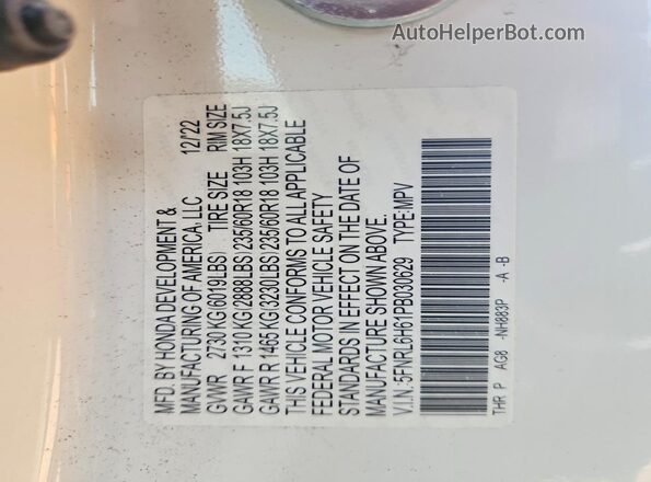 5FNRL6H61PB030629 2023 HONDA ODYSSEY Белый Вид наклейки с VIN-кодом