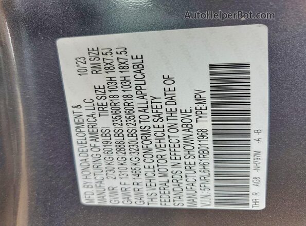5FNRL6H61RB011968 2024 HONDA ODYSSEY Gray Vista de la etiqueta del VIN