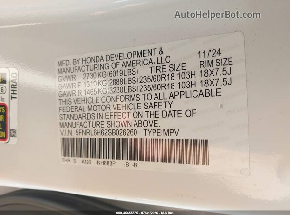 5FNRL6H62SB026260 2025 HONDA ODYSSEY White Vista del compartimento del motor