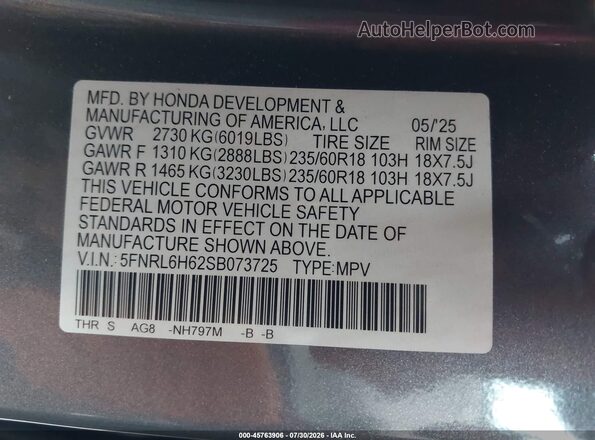 5FNRL6H62SB073725 2025 HONDA ODYSSEY Gray ძრავის განყოფილების ხედი