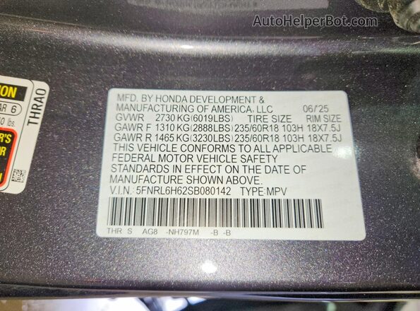 5FNRL6H62SB080142 2025 HONDA ODYSSEY Серый Вид наклейки с VIN-кодом