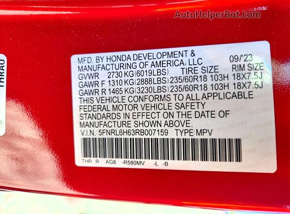 5FNRL6H63RB007159 2024 HONDA ODYSSEY Red Widok naklejki z numerem VIN