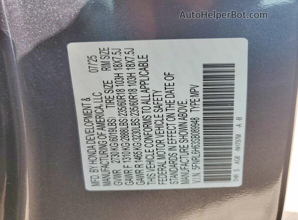 5FNRL6H63SB089948 2025 HONDA ODYSSEY Серый Вид наклейки с VIN-кодом