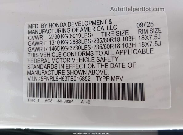5FNRL6H63TB015852 2026 HONDA ODYSSEY White ძრავის განყოფილების ხედი
