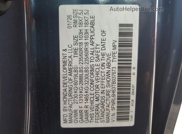 5FNRL6H63TB037673 2026 HONDA ODYSSEY Blue Սալոնի 360 աստիճան տեսք