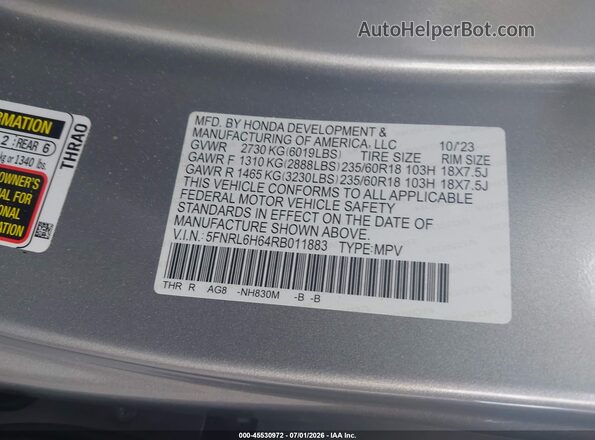 5FNRL6H64RB011883 2024 HONDA ODYSSEY Silver Widok komory silnika