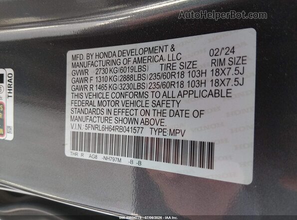 5FNRL6H64RB041577 2024 HONDA ODYSSEY Gray Widok komory silnika