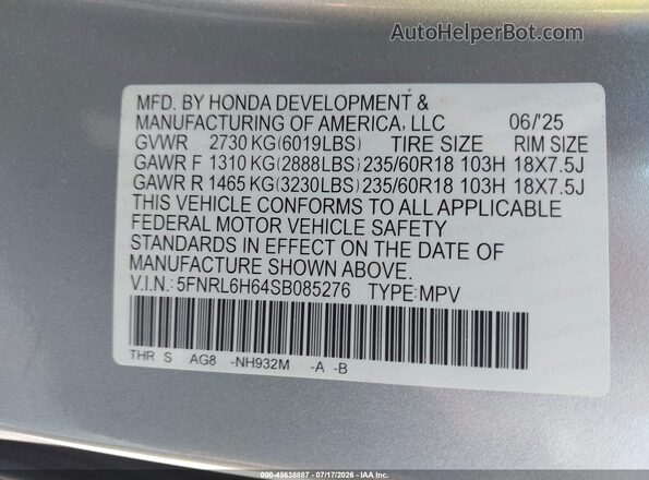 5FNRL6H64SB085276 2025 HONDA ODYSSEY Silver ძრავის განყოფილების ხედი