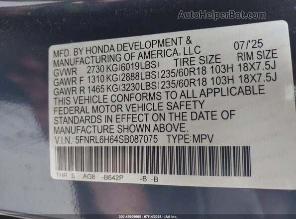 5FNRL6H64SB087075 2025 HONDA ODYSSEY Blue Widok komory silnika
