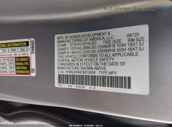 5FNRL6H64TB010658 2026 HONDA ODYSSEY Gray Engine compartment view