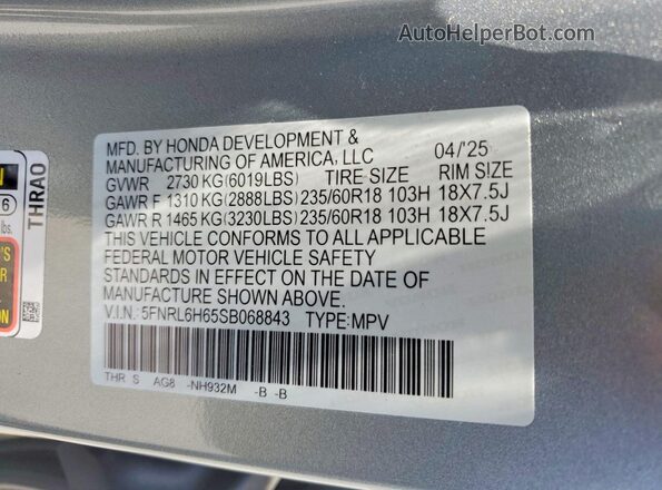 5FNRL6H65SB068843 2025 HONDA ODYSSEY Silver Widok naklejki z numerem VIN