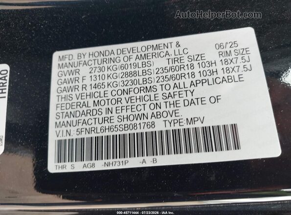 5FNRL6H65SB081768 2025 HONDA ODYSSEY Black Vista del compartimento del motor