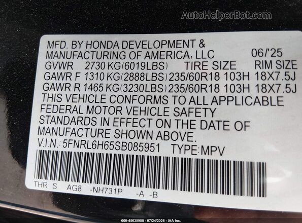 5FNRL6H65SB085951 2025 HONDA ODYSSEY Black ძრავის განყოფილების ხედი